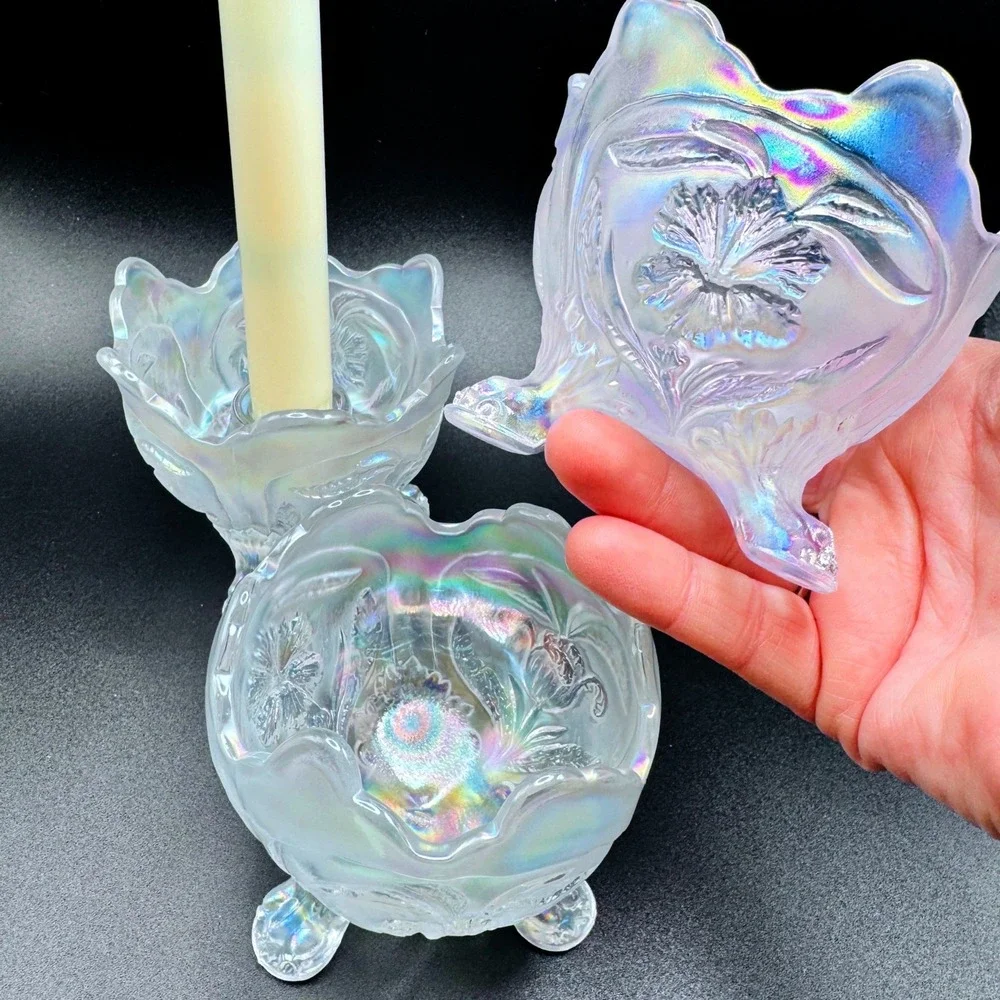 Imperial Iridescent White Carnival Glass Vtg. Floral Candle Console Set 3 Footed